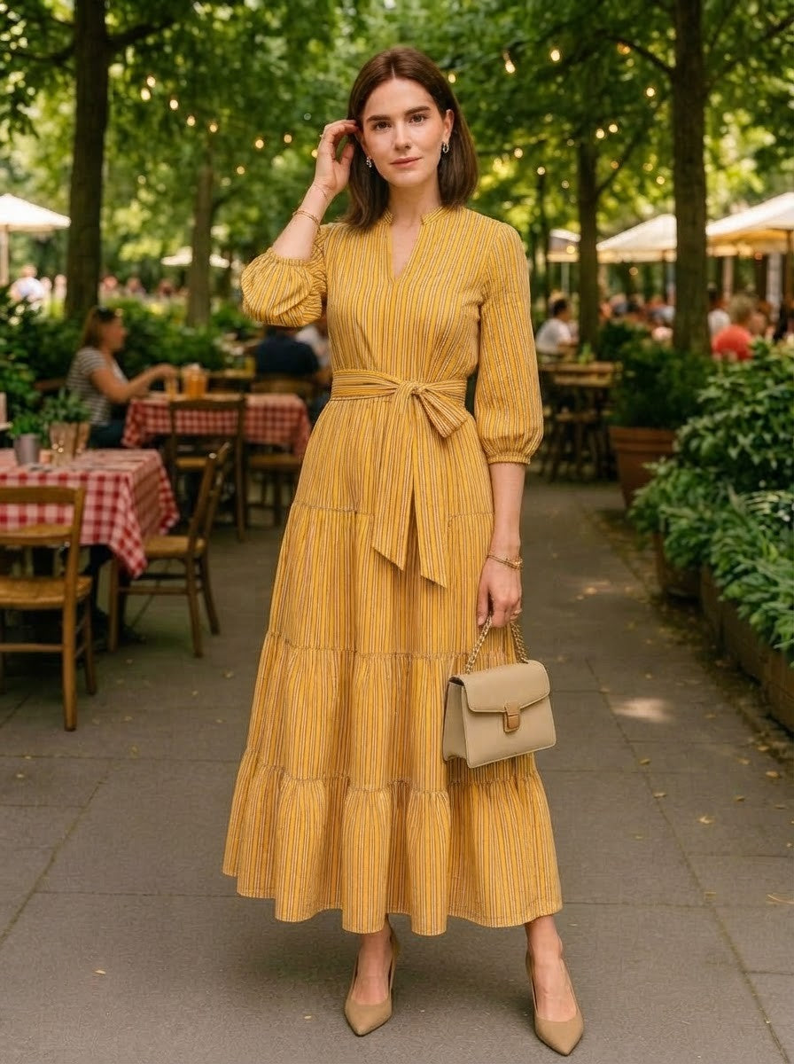 Yellow Striped Premium Cotton Tiered Dress