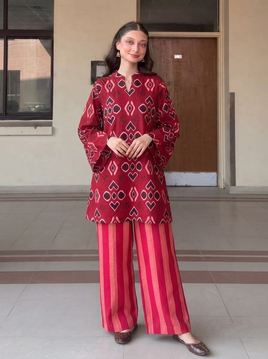 Maroon Geometric & Striped Premium Cotton Co-ord Set