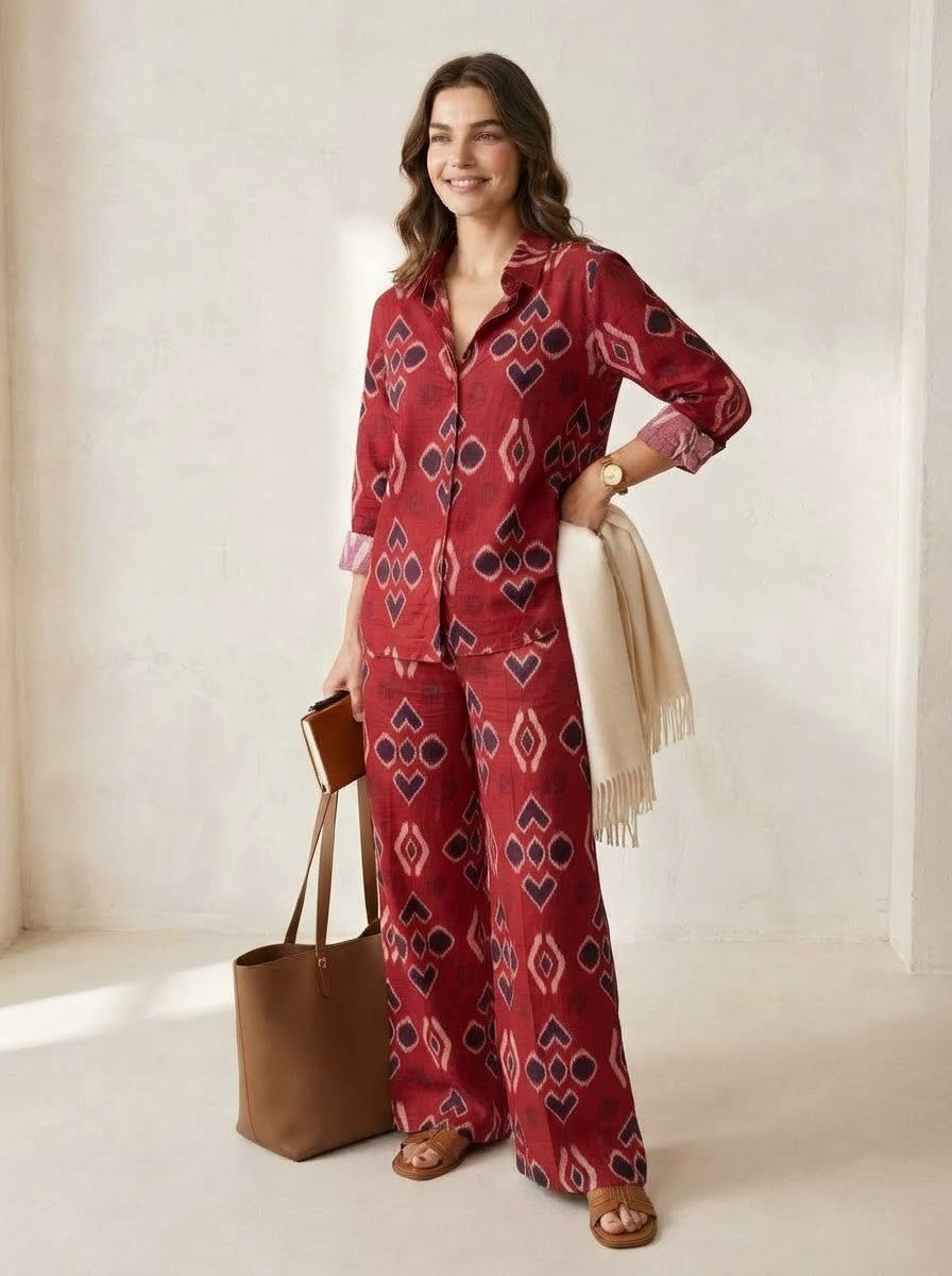Red Ikat Printed Button-Down Co-Ord Set