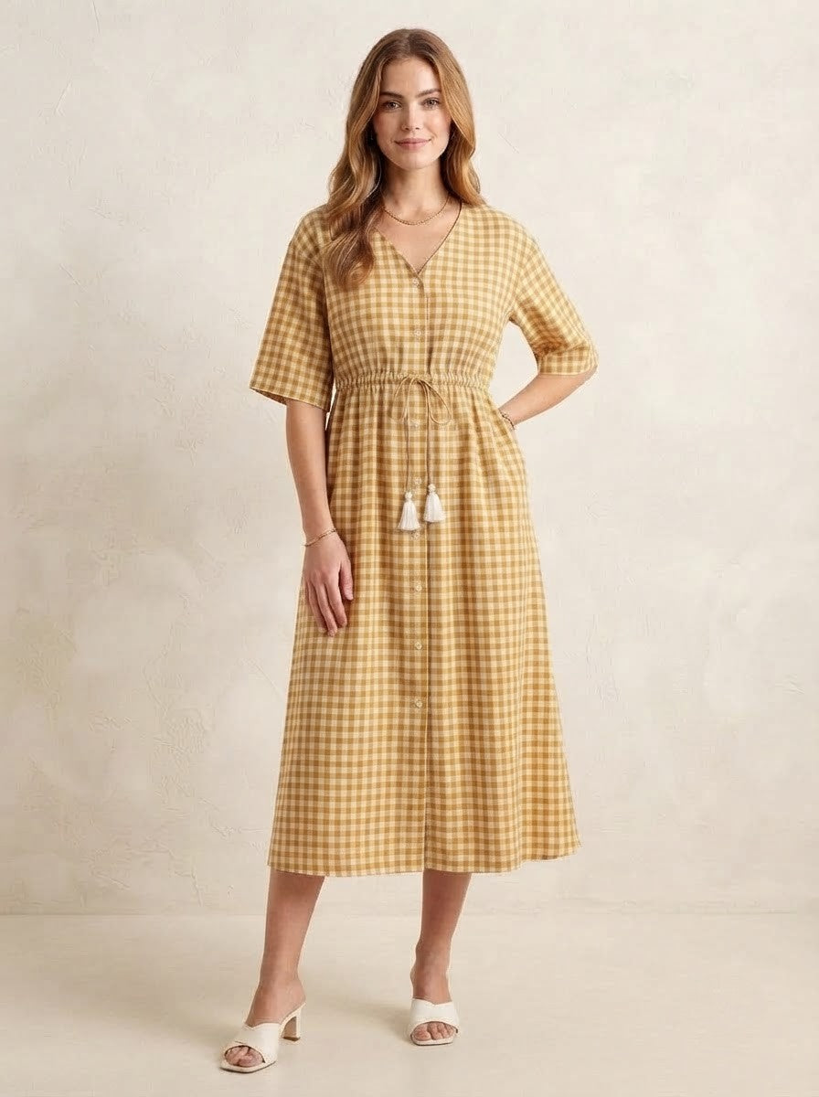 Mustard Yellow Gingham Checked Midi Dress
