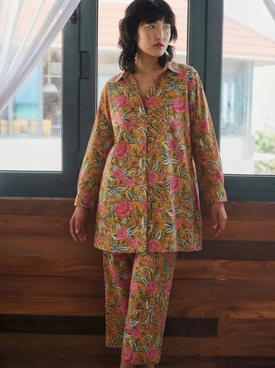 Mustard Floral Print Premium Cotton Co-ord Set