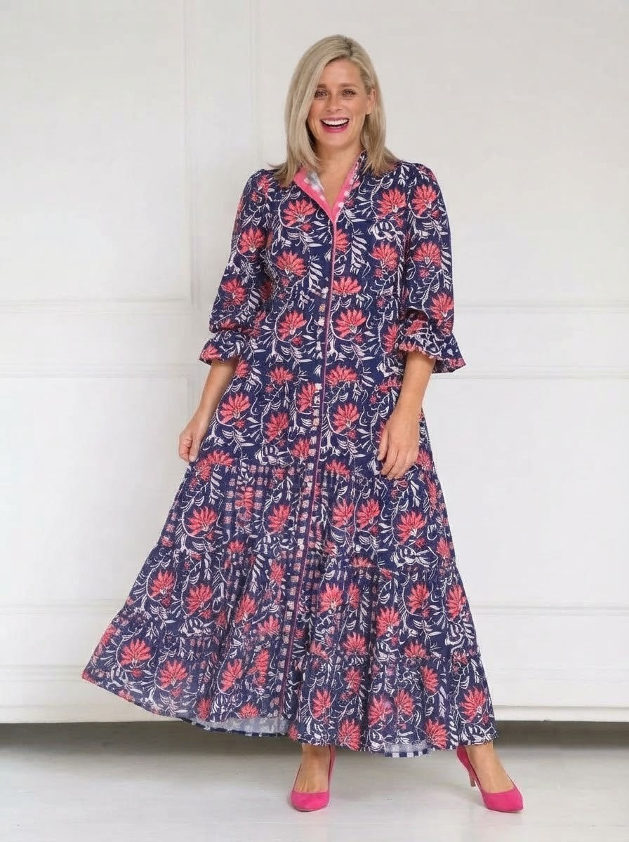 Navy Blue & Pink Floral Tiered Premium Cotton Dress