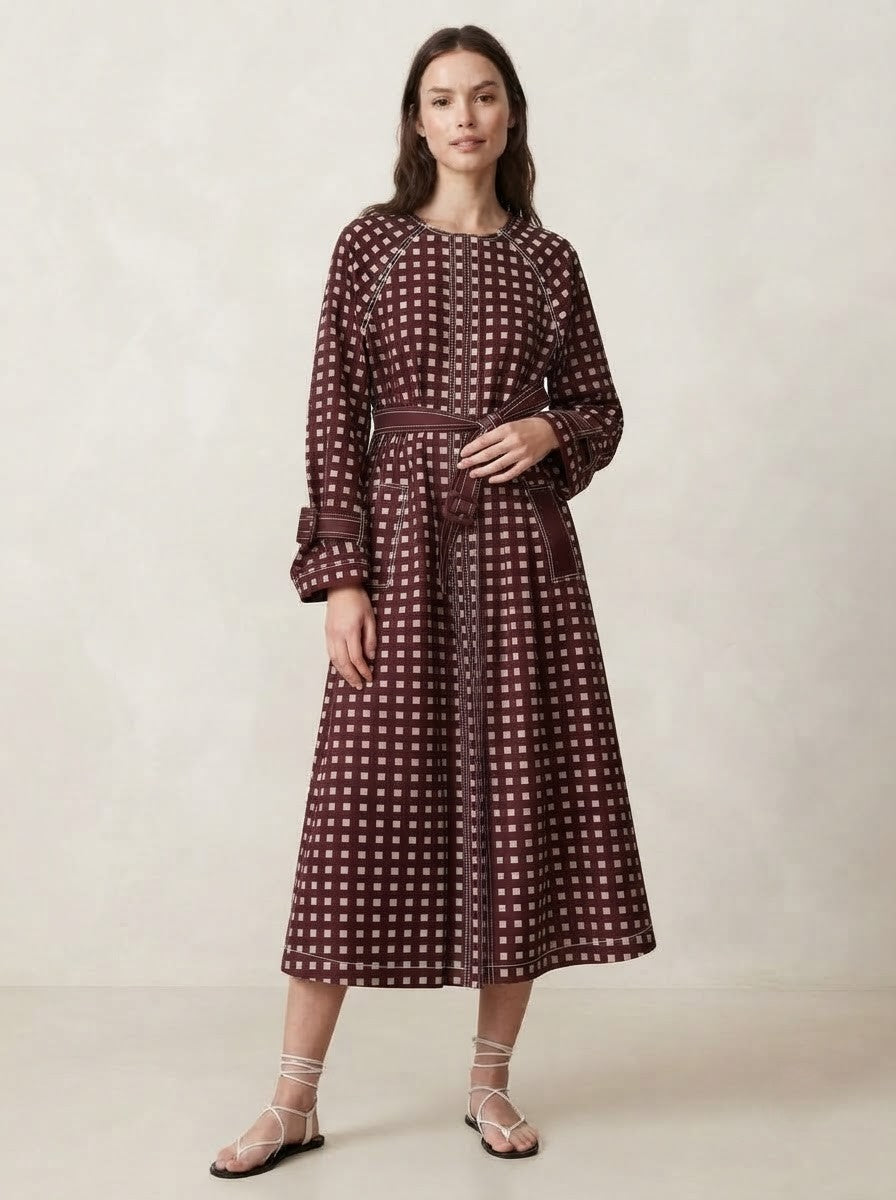 Maroon Checkered Premium Cotton Belted Dress