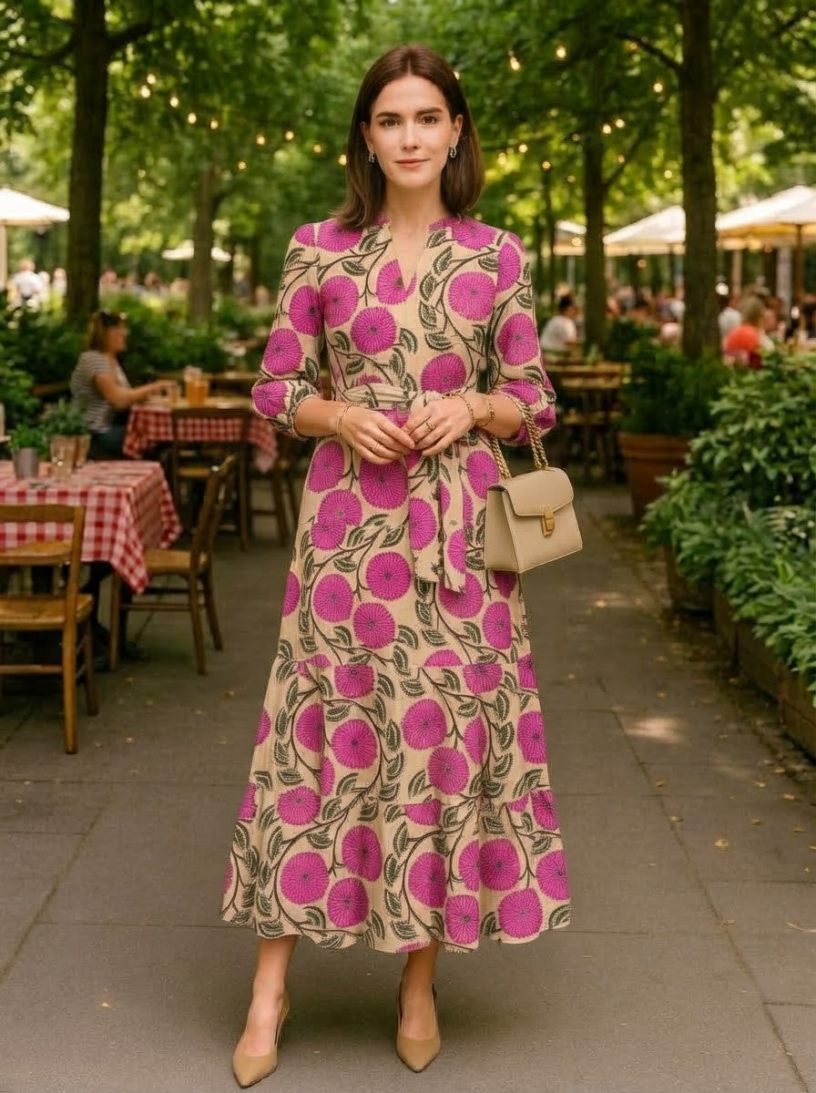 Beige & Pink Floral Premium Cotton Tiered Dress