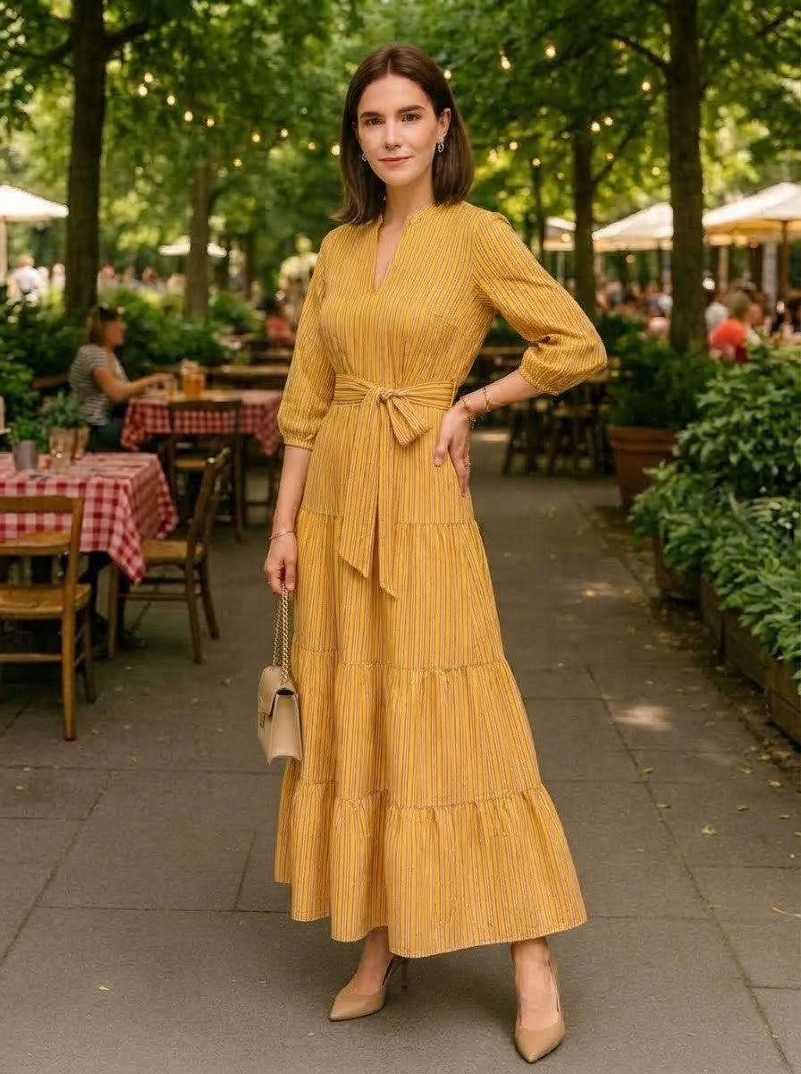 Yellow Striped Premium Cotton Tiered Dress