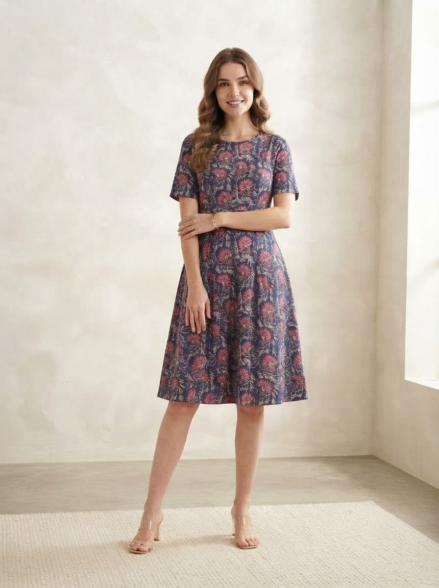 Navy Blue & Pink Floral Premium Cotton Fit & Flare Dress