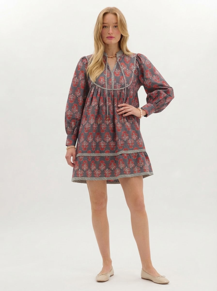 Charcoal & Red Floral Premium Cotton Smock Dress