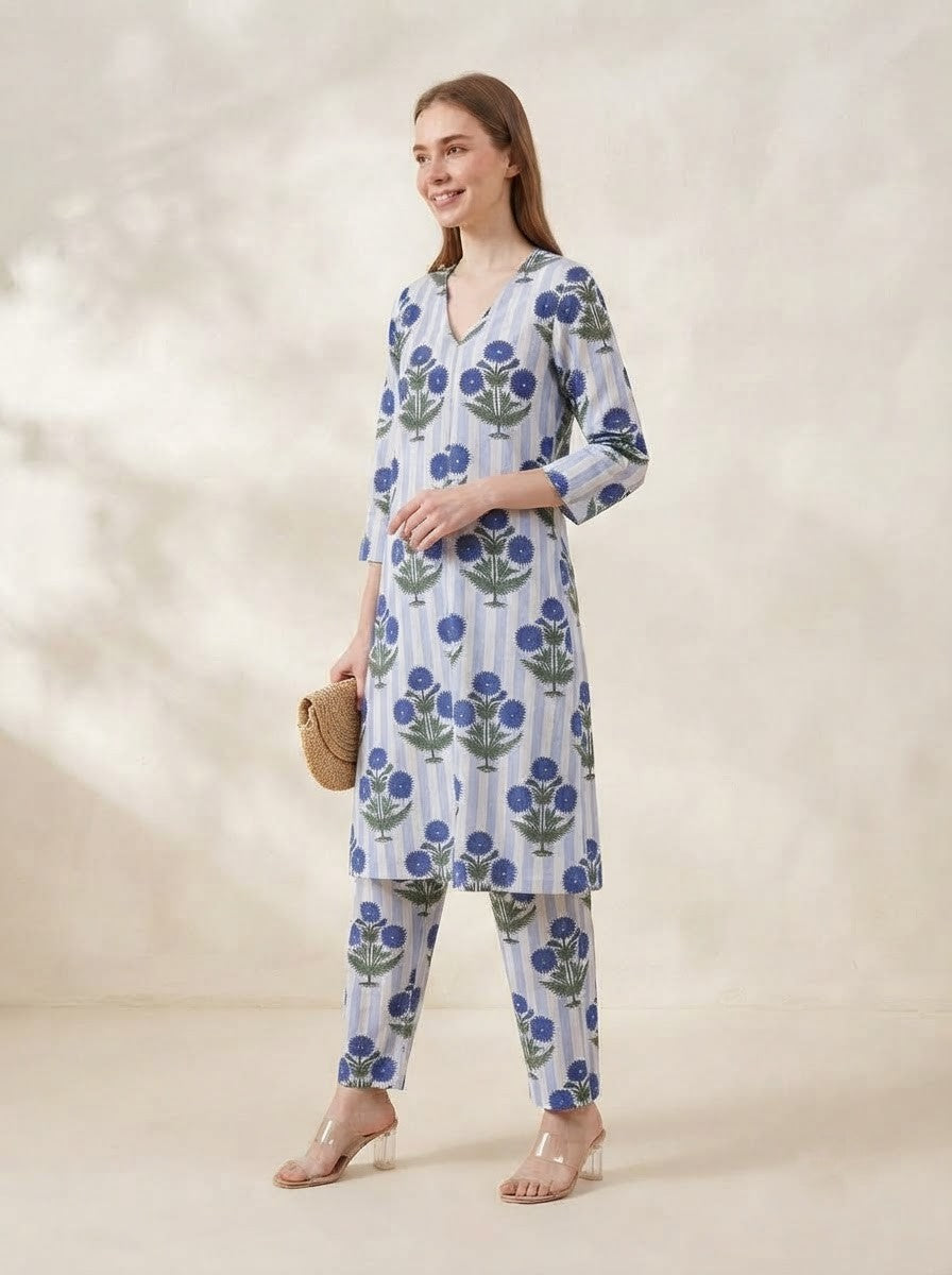 White & Blue Striped Floral Printed Co-Ord Set