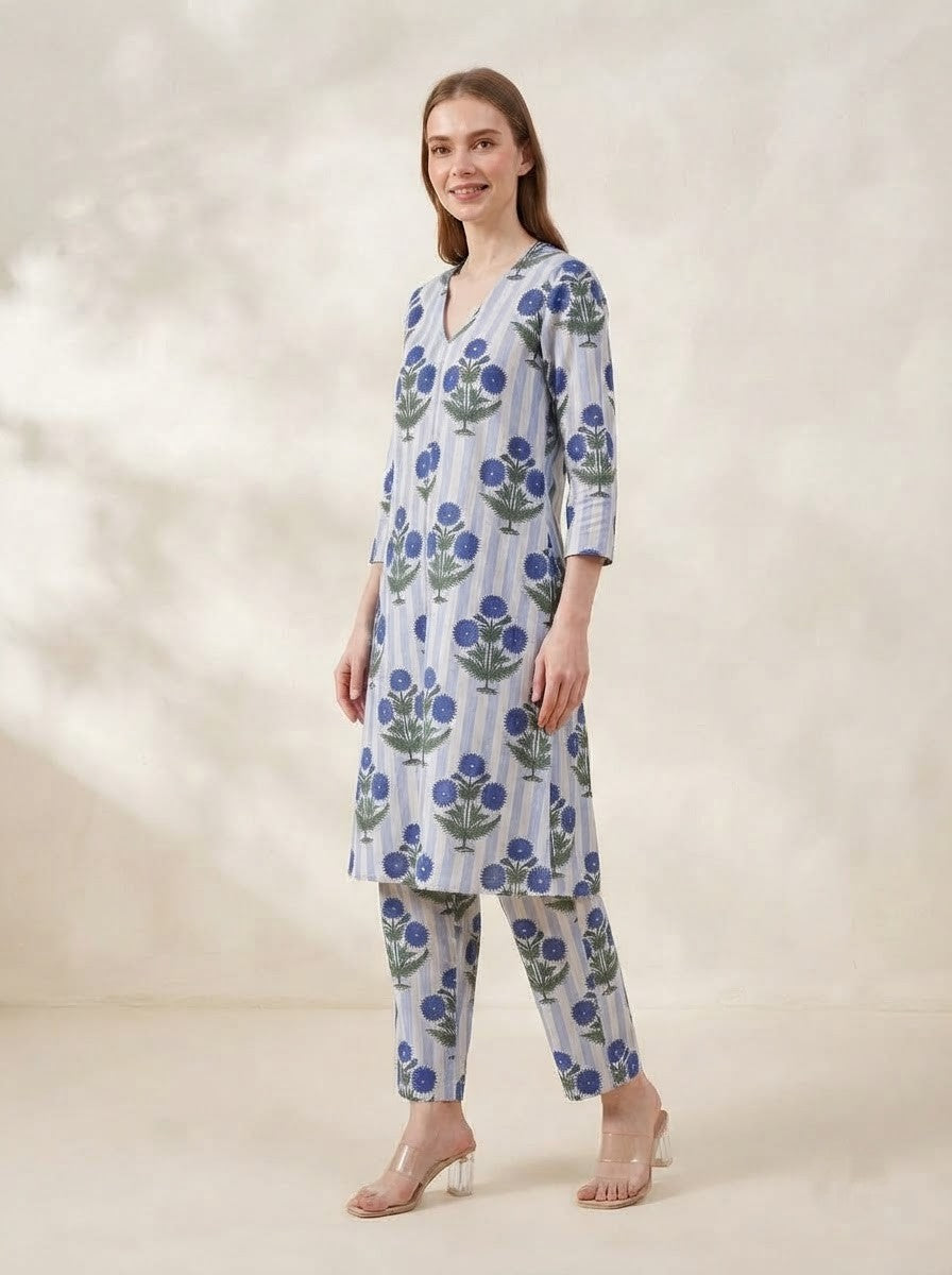 White & Blue Striped Floral Printed Co-Ord Set