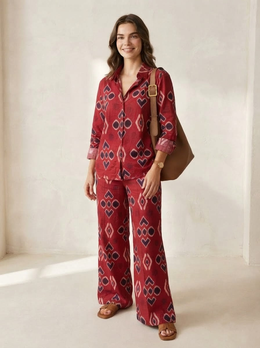 Red Ikat Printed Button-Down Co-Ord Set
