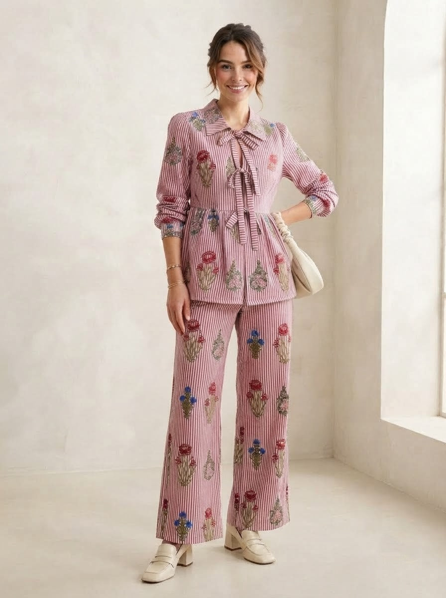 Maroon & White Striped Floral Co-Ord Set