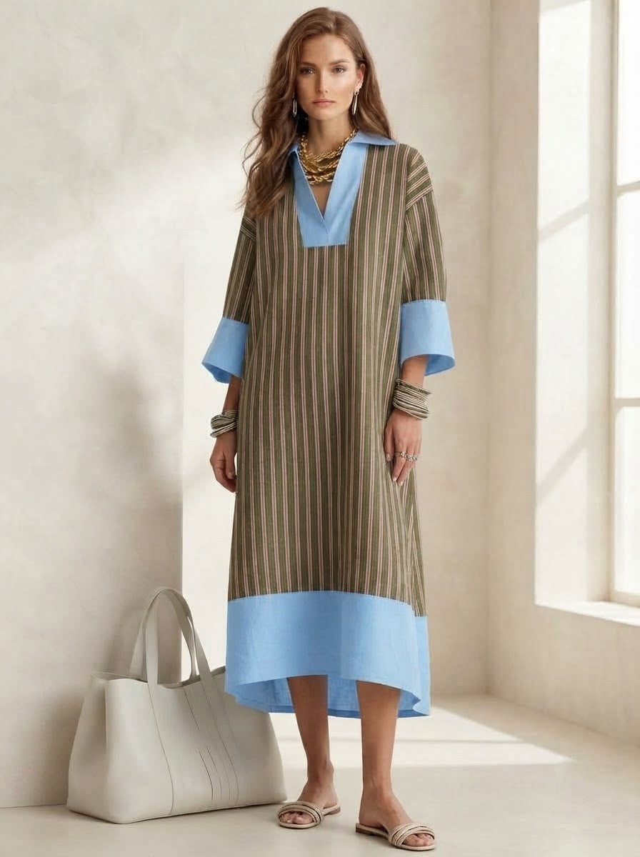 Olive Green Striped Kaftan Style Midi Dress
