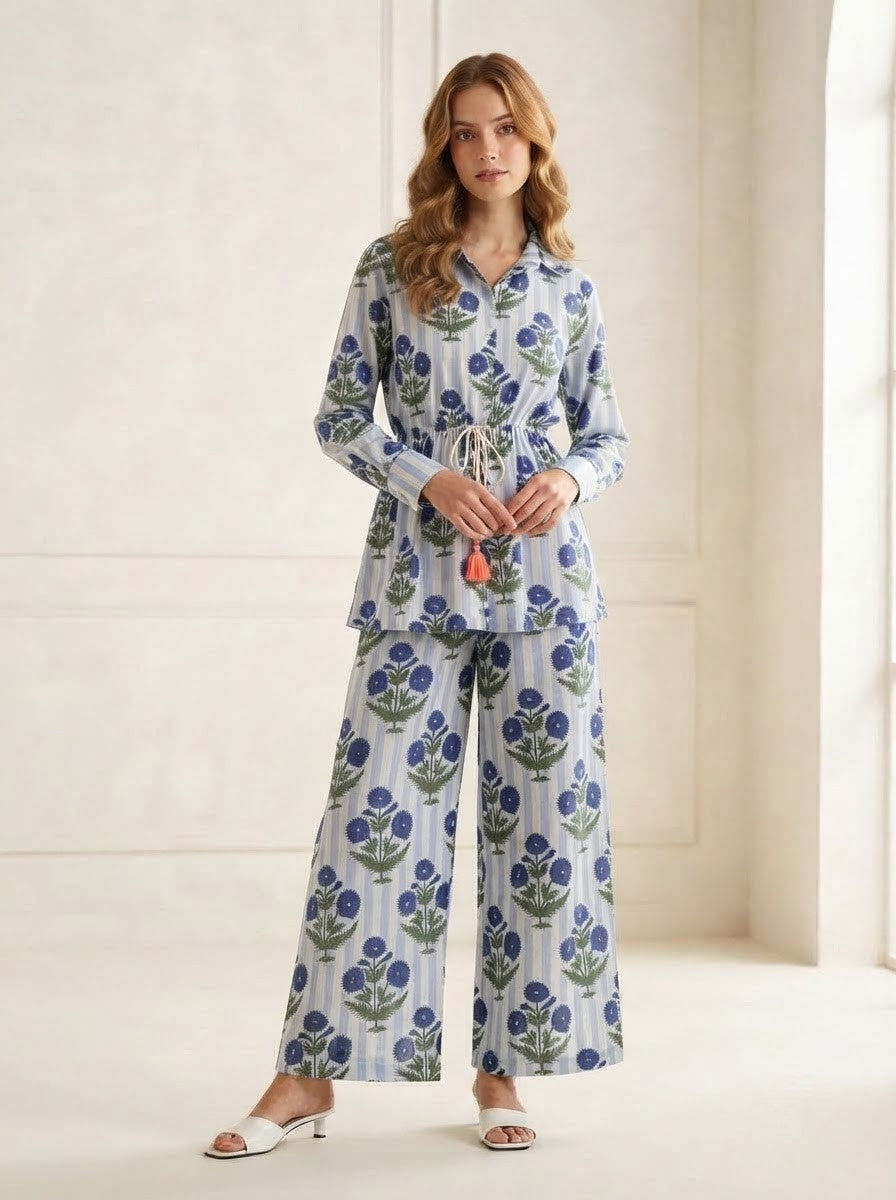 Blue Striped Floral Block Printed Co-Ord Set