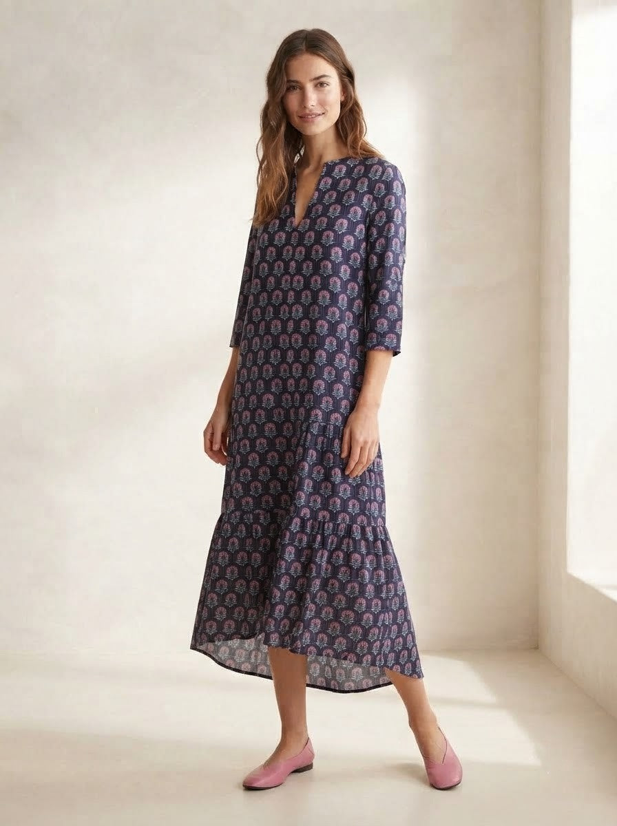 Navy Blue Floral Block Printed Midi Dress