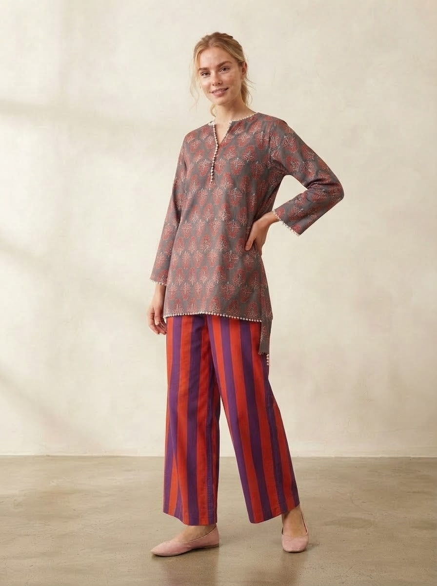 Floral Motif & Striped Premium Cotton Co-ord Set