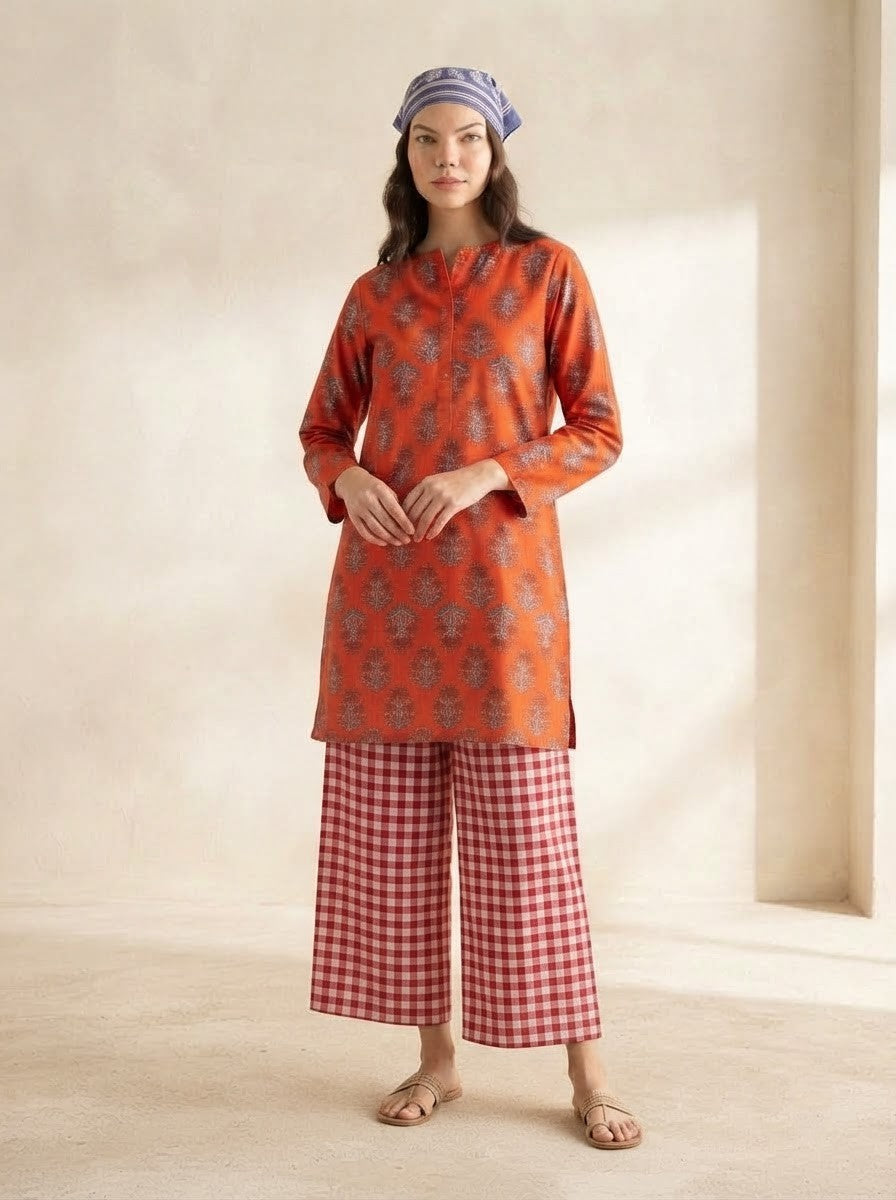 Vibrant Orange Floral & Gingham Check Premium Cotton Co-ord Set