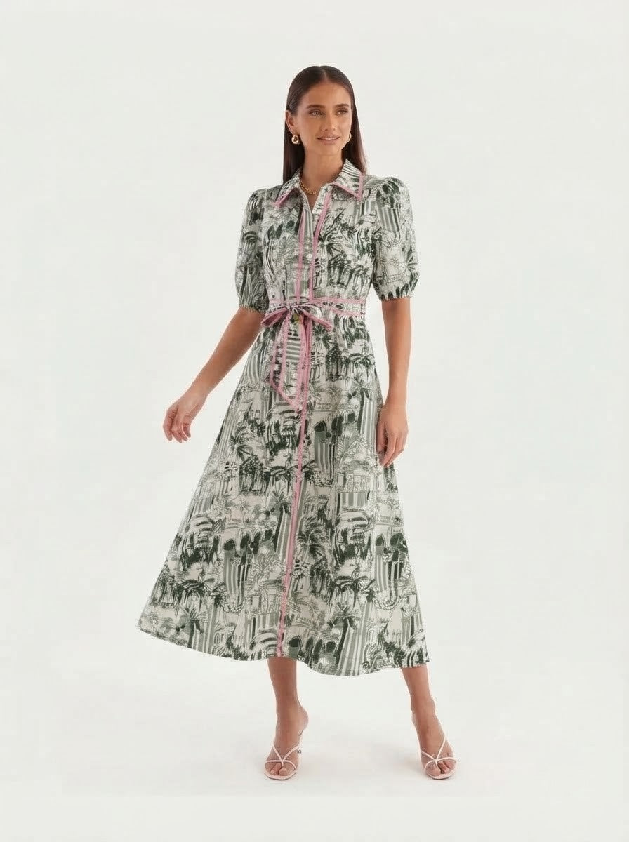 Toile Print Premium Cotton Shirt Dress with Pink Trim