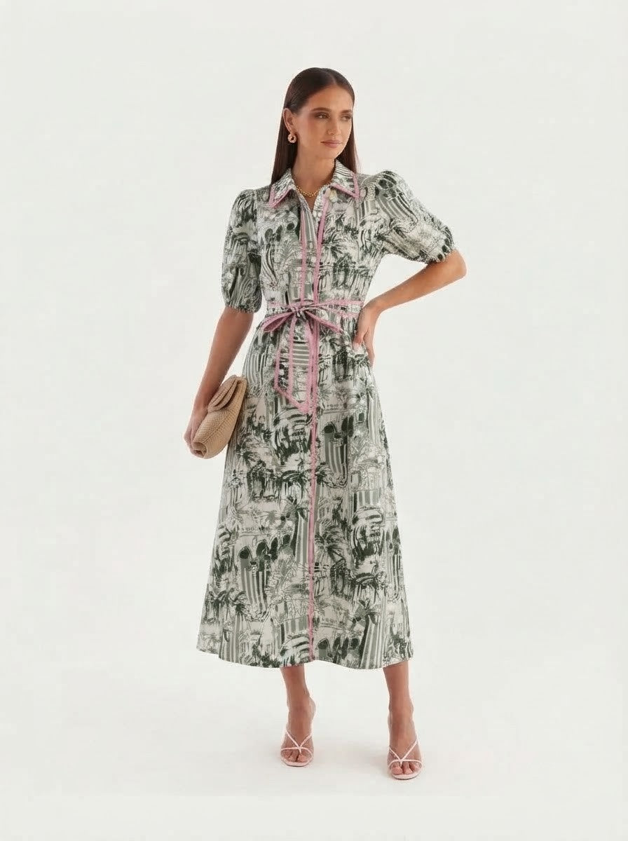 Toile Print Premium Cotton Shirt Dress with Pink Trim