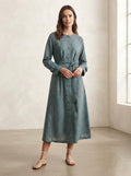 Teal Floral Block Print Premium Cotton Belted Dress