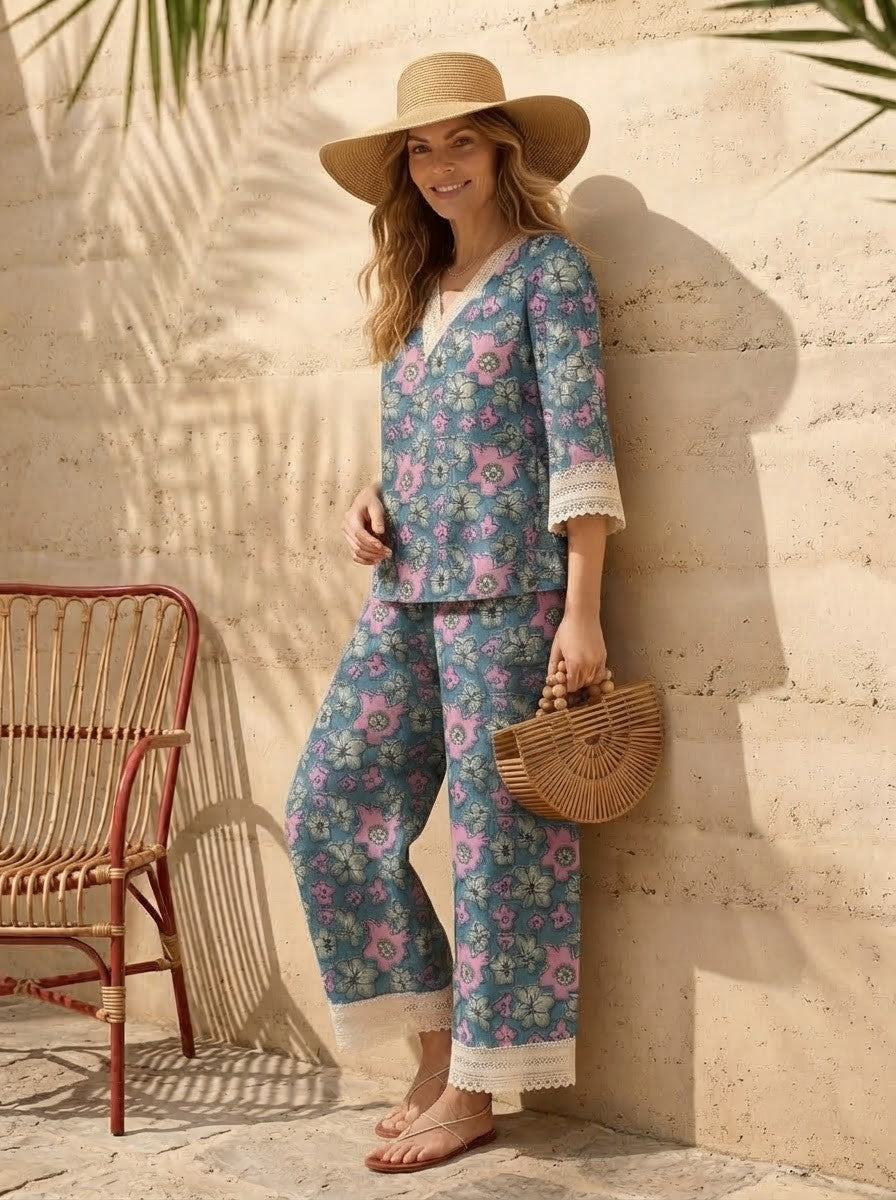Teal & Pink Floral Lace-Trimmed Premium Cotton Co-ord Set