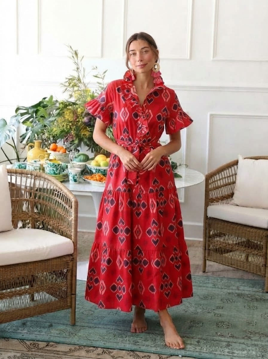 Red Geometric Print Premium Cotton Tiered Dress