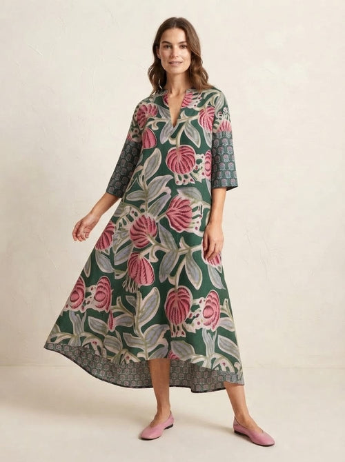 Emerald Green Botanical Print Premium Cotton Dress