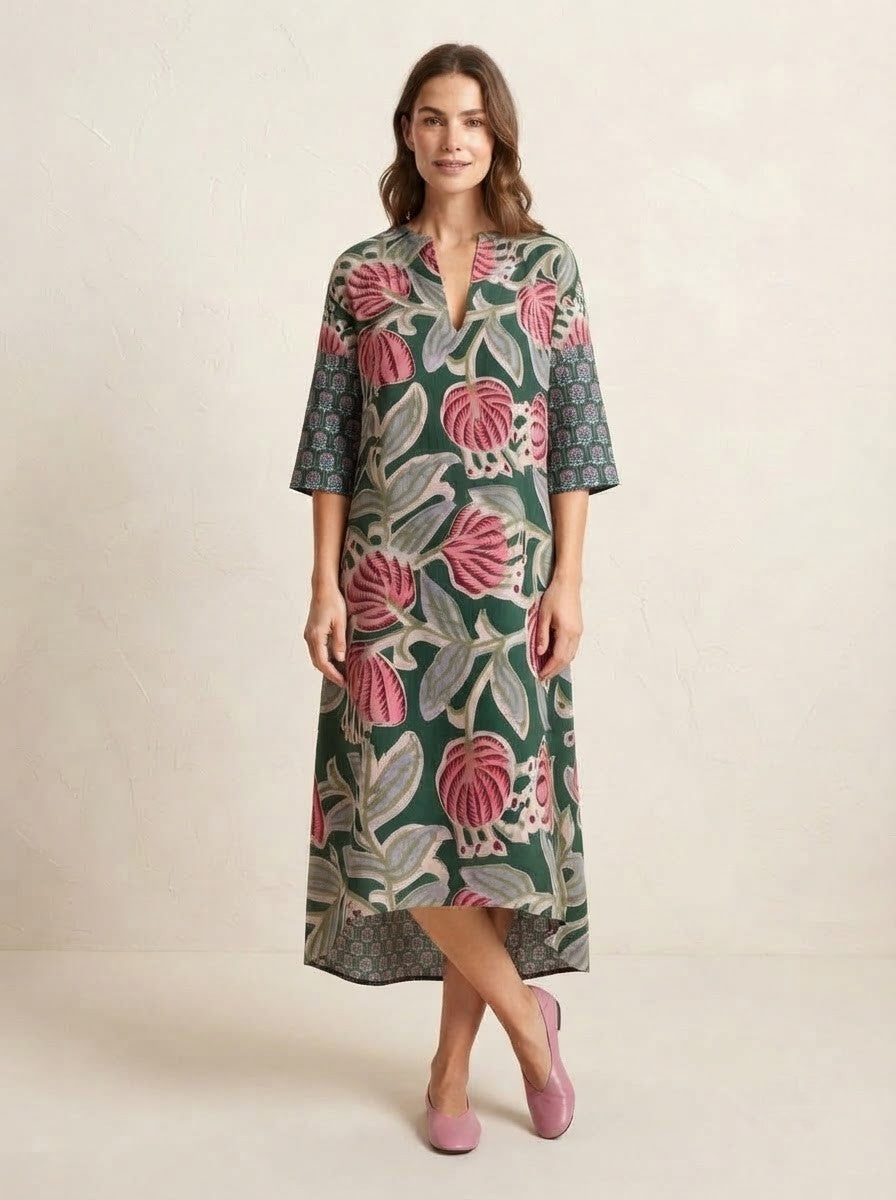 Emerald Green Botanical Print Premium Cotton Dress