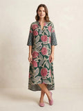 Emerald Green Botanical Print Premium Cotton Dress