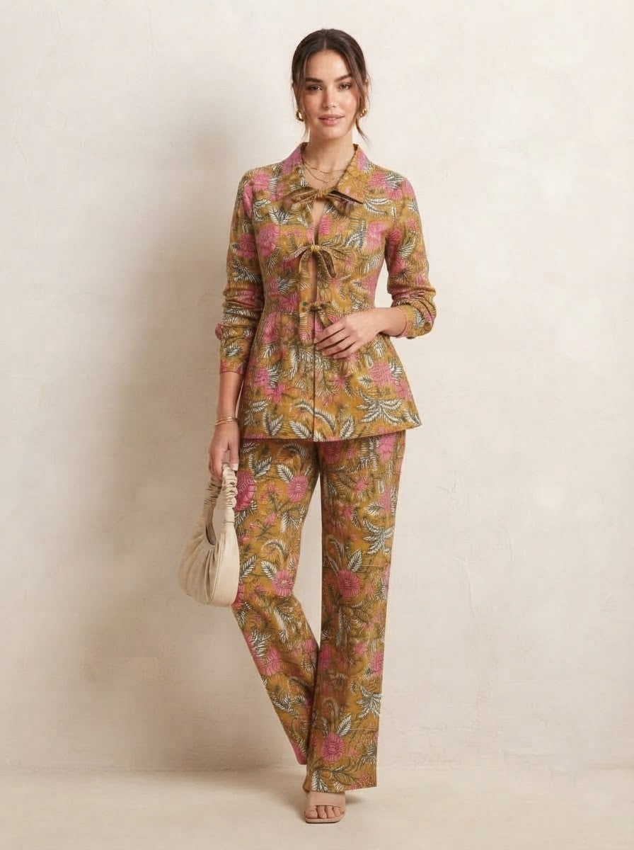 Mustard & Pink Floral Tie-Front Premium Cotton Co-ord Set