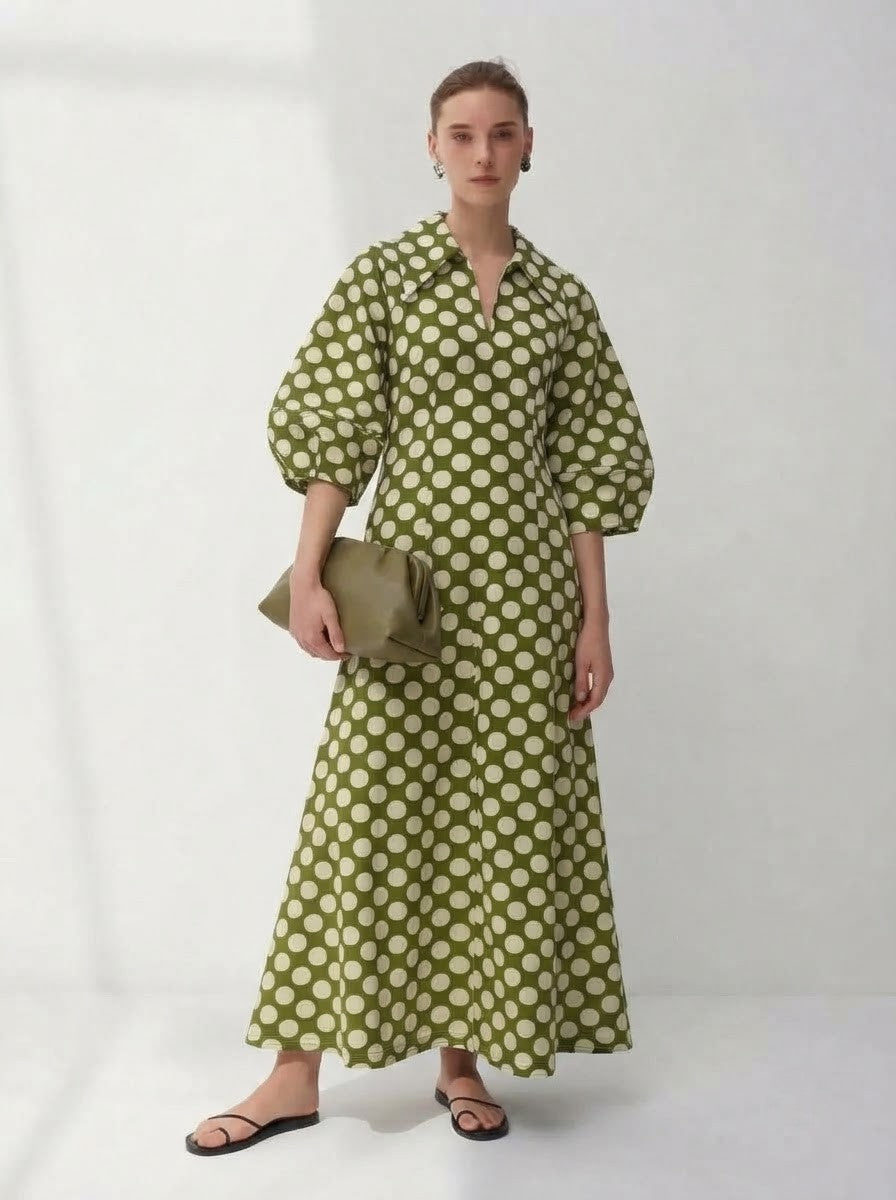 Olive Green Polka Dot Premium Cotton Maxi Dress