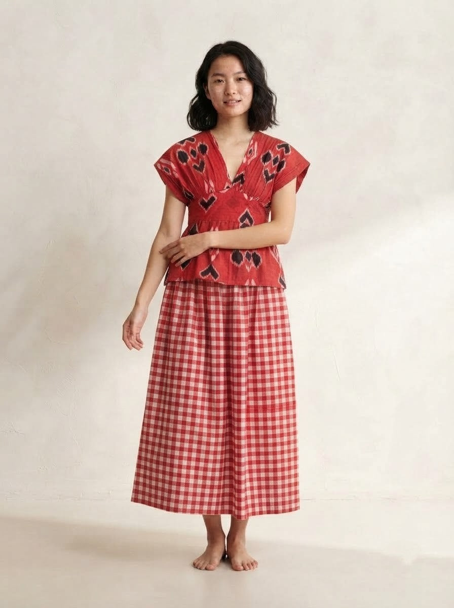 Red Geometric Peplum & Gingham Skirt Premium Cotton Co-ord Set