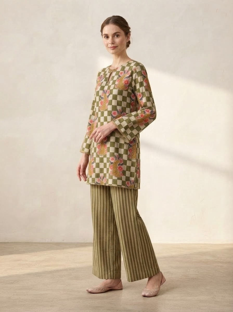 Olive Green Checkerboard & Striped Premium Cotton Co-ord Set