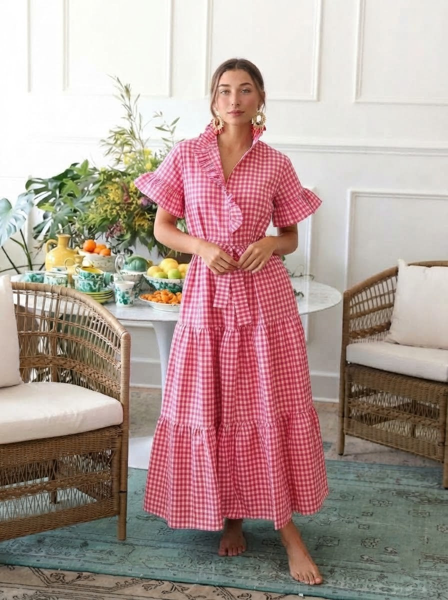 Pink & White Gingham Premium Cotton Tiered Dress