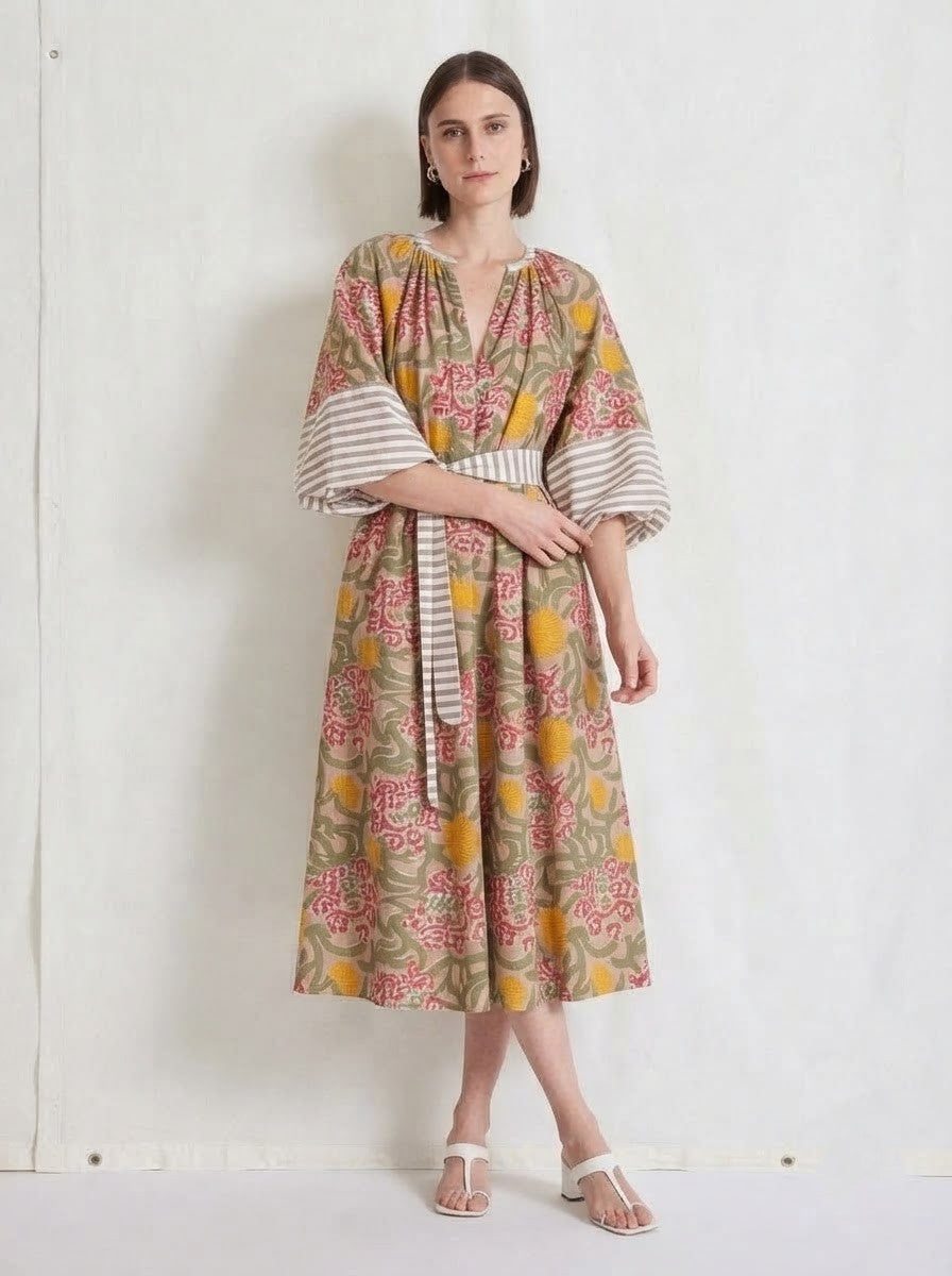 Olive & Yellow Floral Mixed-Print Premium Cotton Dress