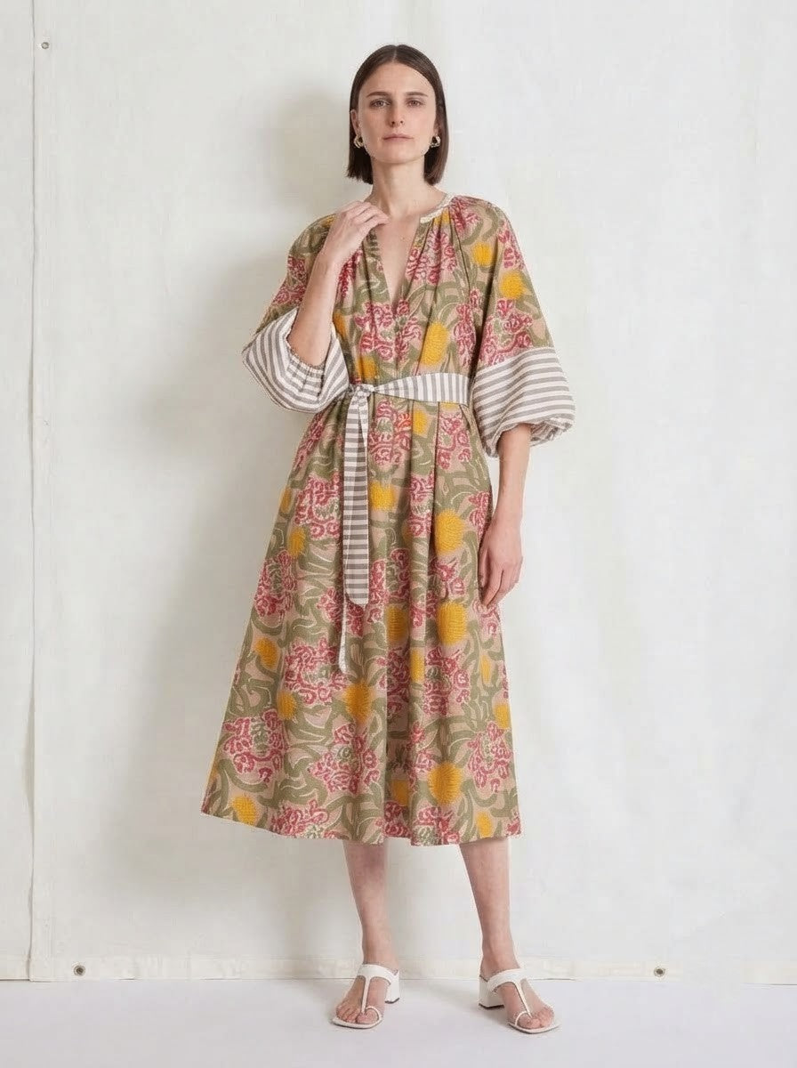 Olive & Yellow Floral Mixed-Print Premium Cotton Dress