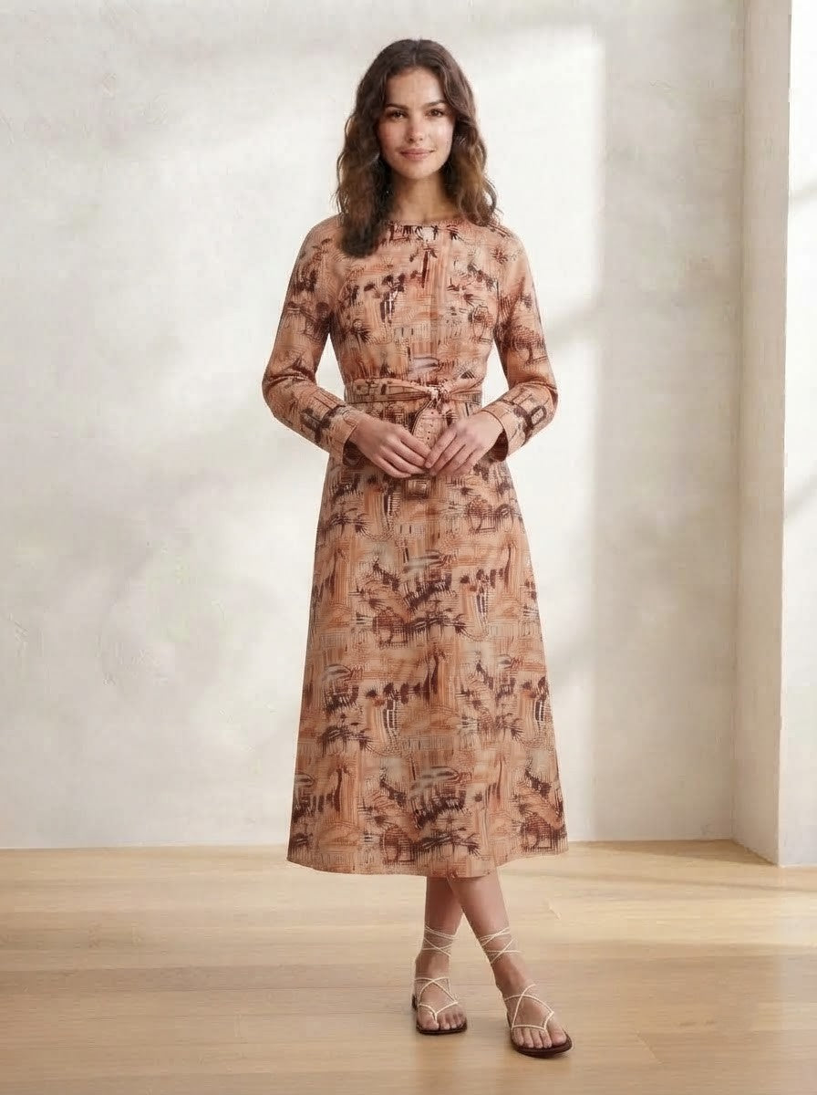 Peach & Maroon Toile Print Premium Cotton Belted Dress