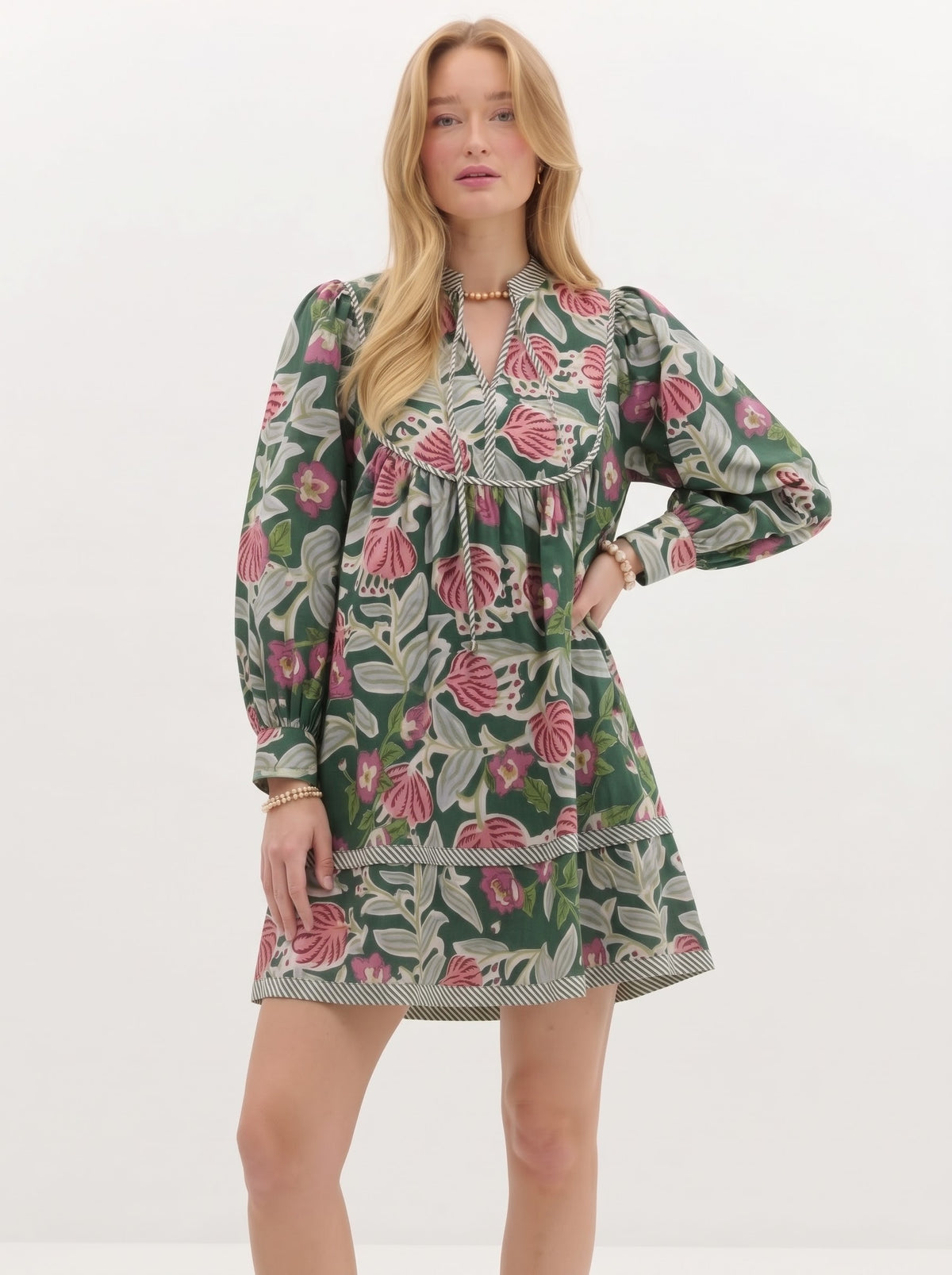 Dark Green & Pink Floral Printed Mini Dress