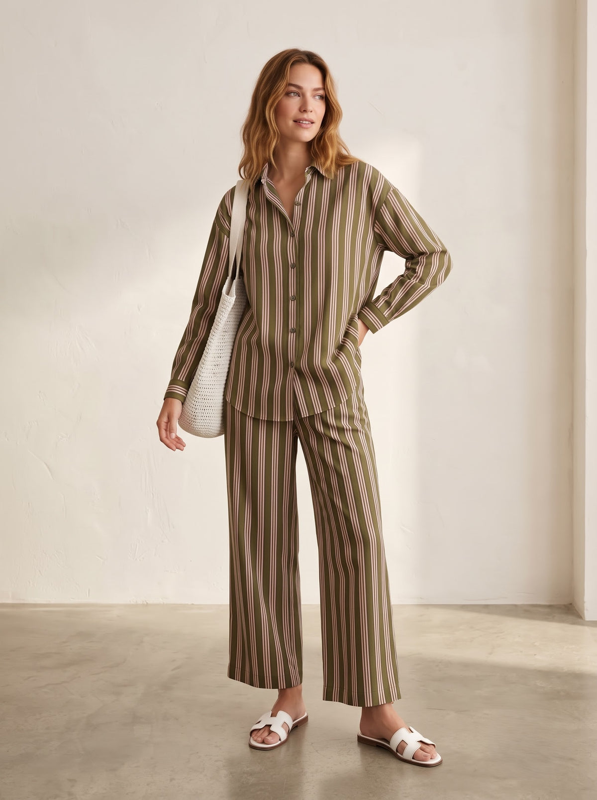 Olive Green & Pink Striped Co-Ord Set