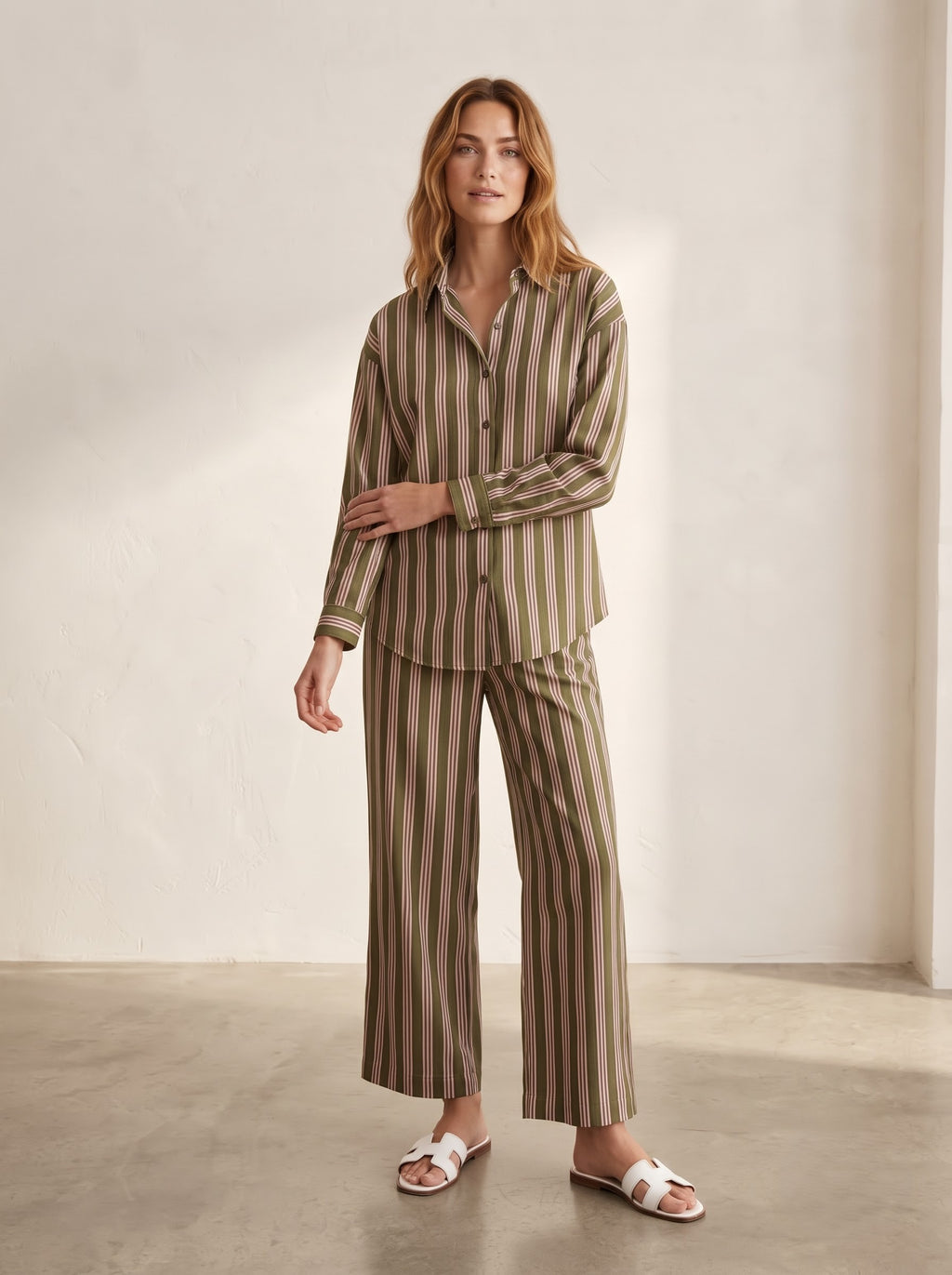 Olive Green & Pink Striped Co-Ord Set