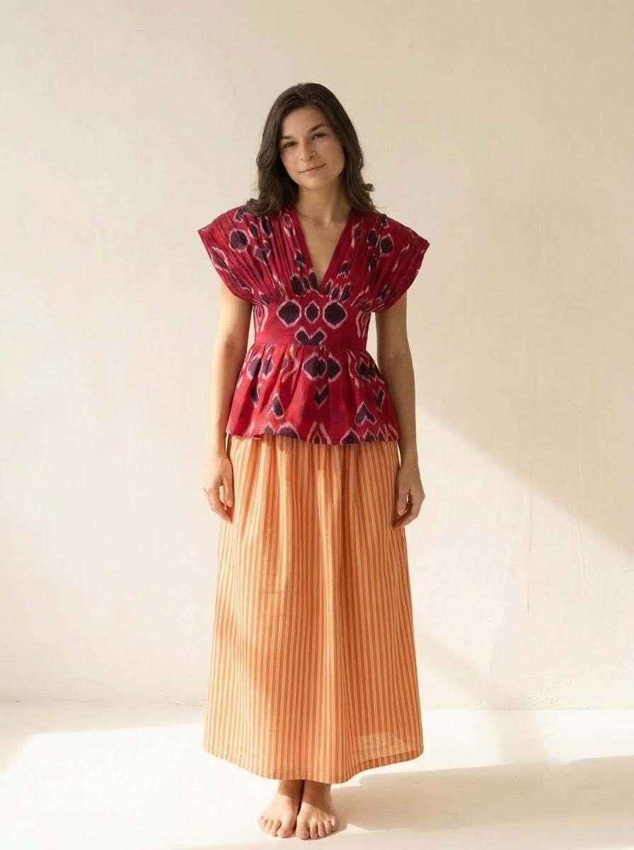 Maroon Ikat Printed Top & Orange Striped Skirt Set