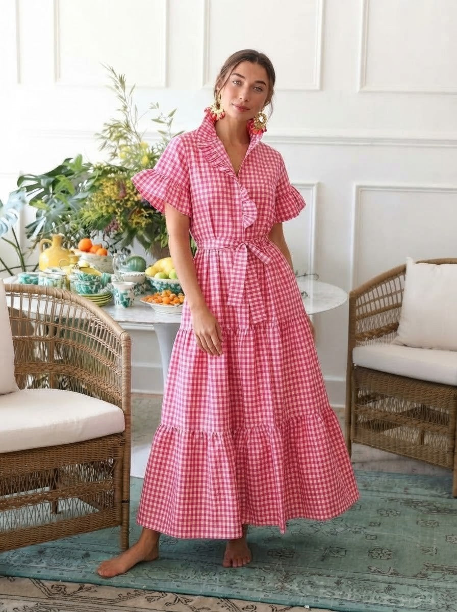 Pink & White Gingham Premium Cotton Tiered Dress