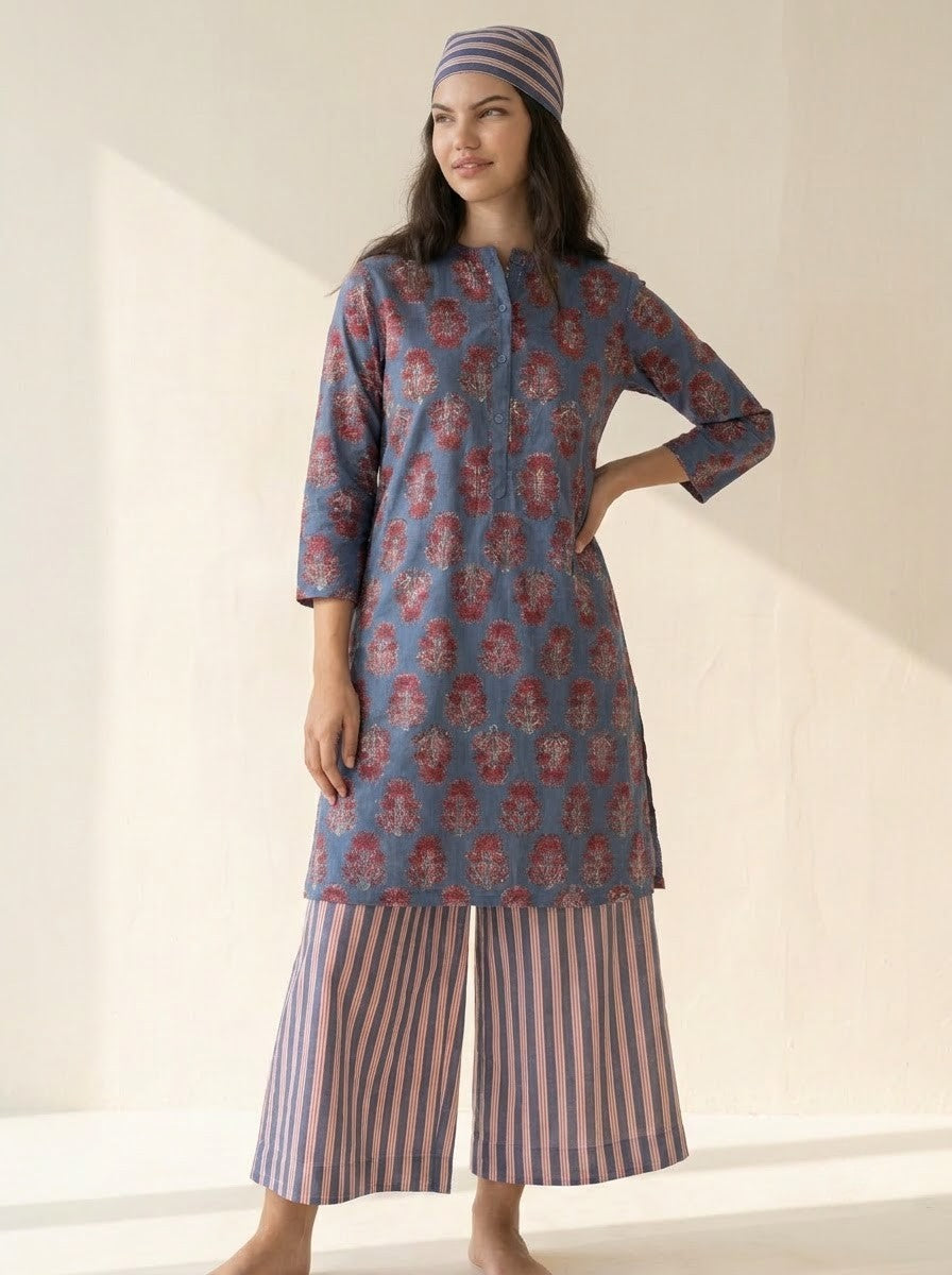 Blue Hand Block Printed & Striped Co-ord Set