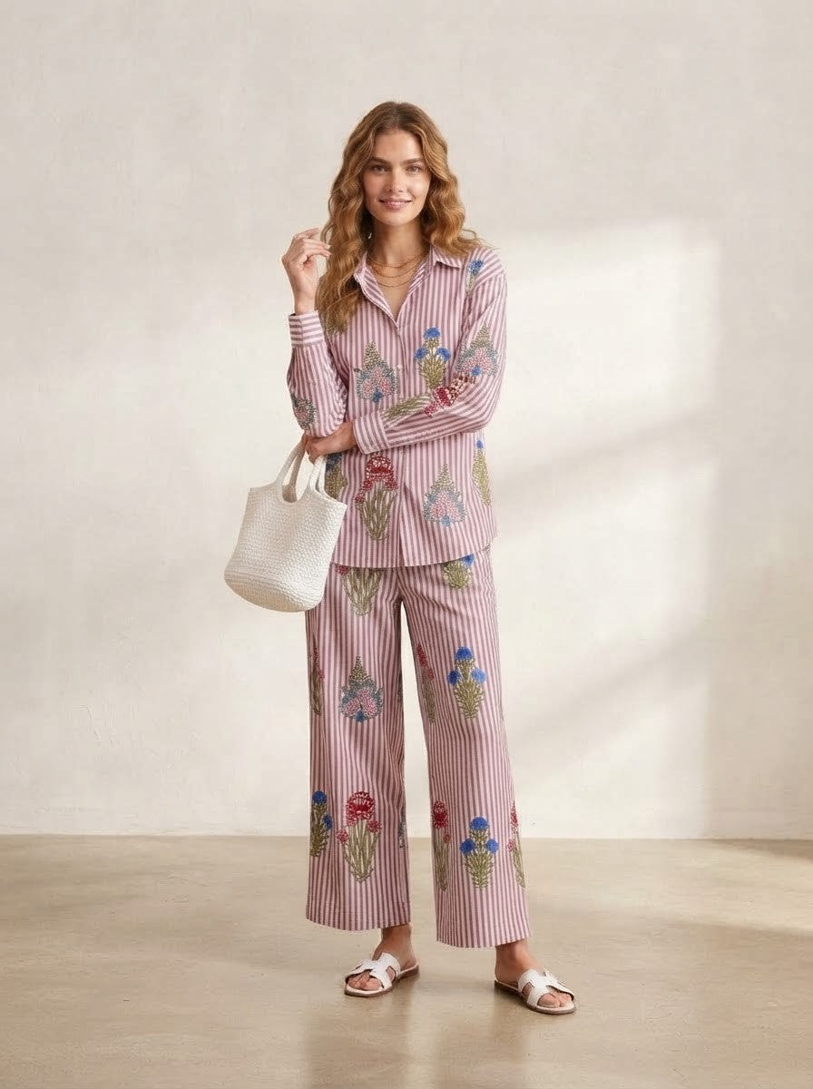Pink & Maroon Striped Floral Co-Ord Set