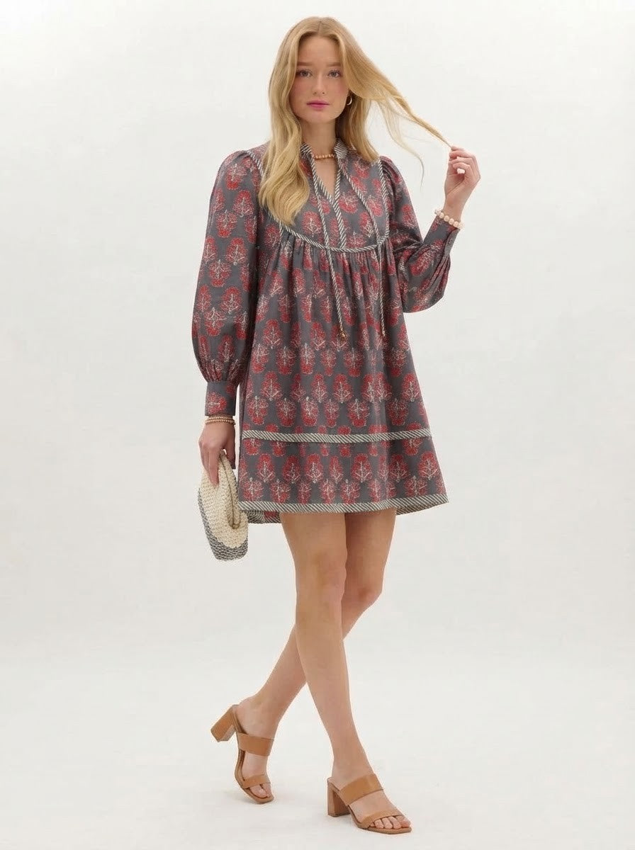 Charcoal & Red Floral Premium Cotton Smock Dress