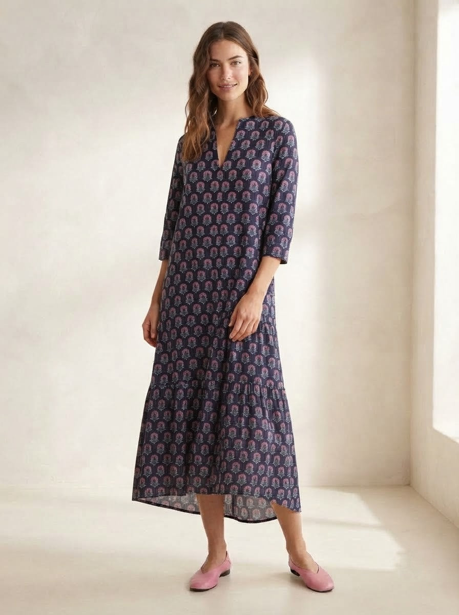 Navy Blue Floral Block Printed Midi Dress