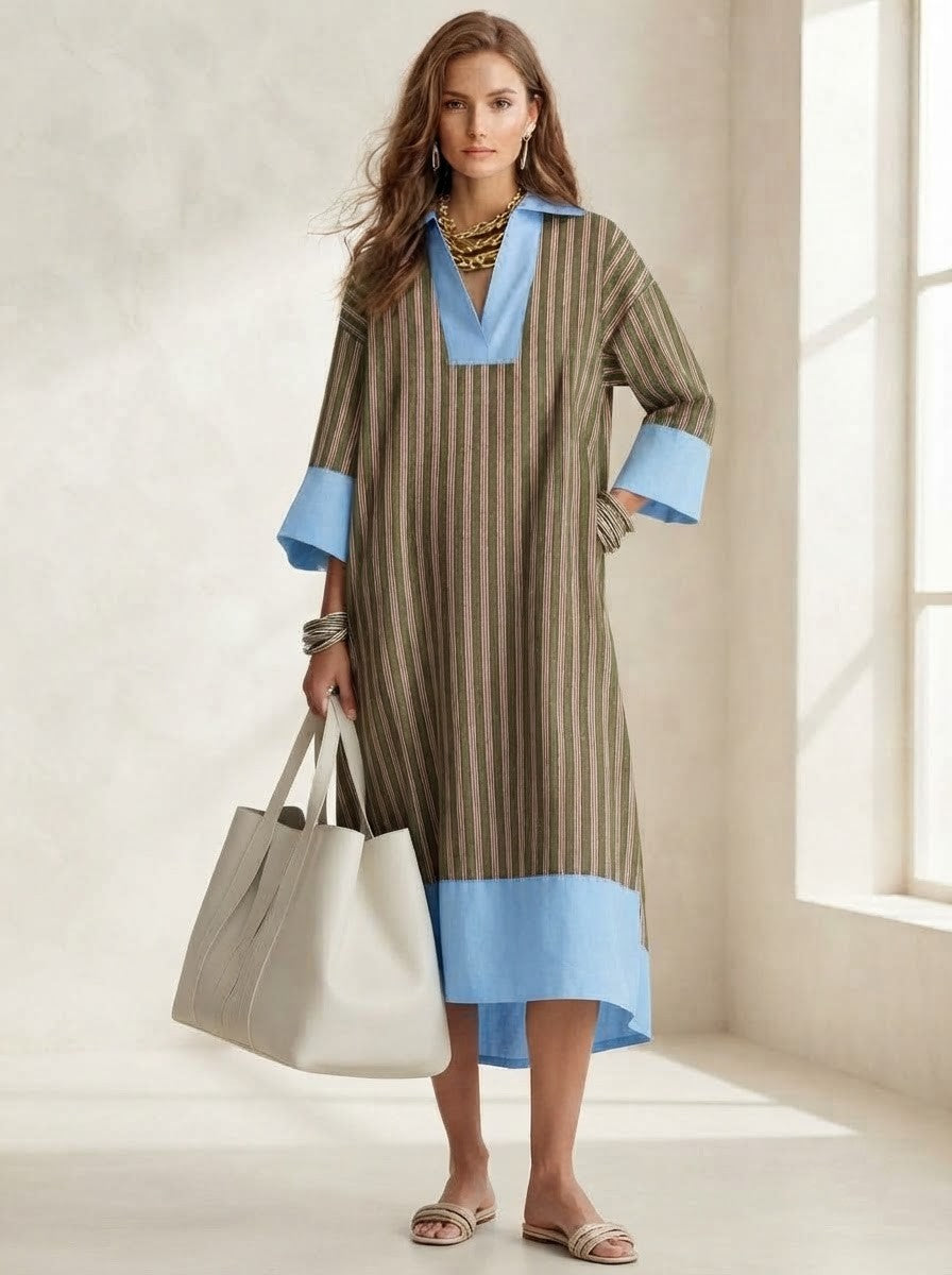 Olive Green Striped Kaftan Style Midi Dress