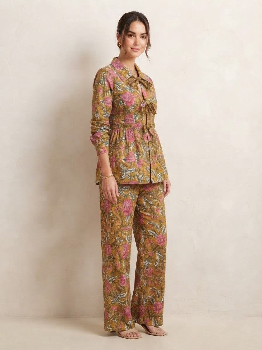 Mustard & Pink Floral Tie-Front Premium Cotton Co-ord Set