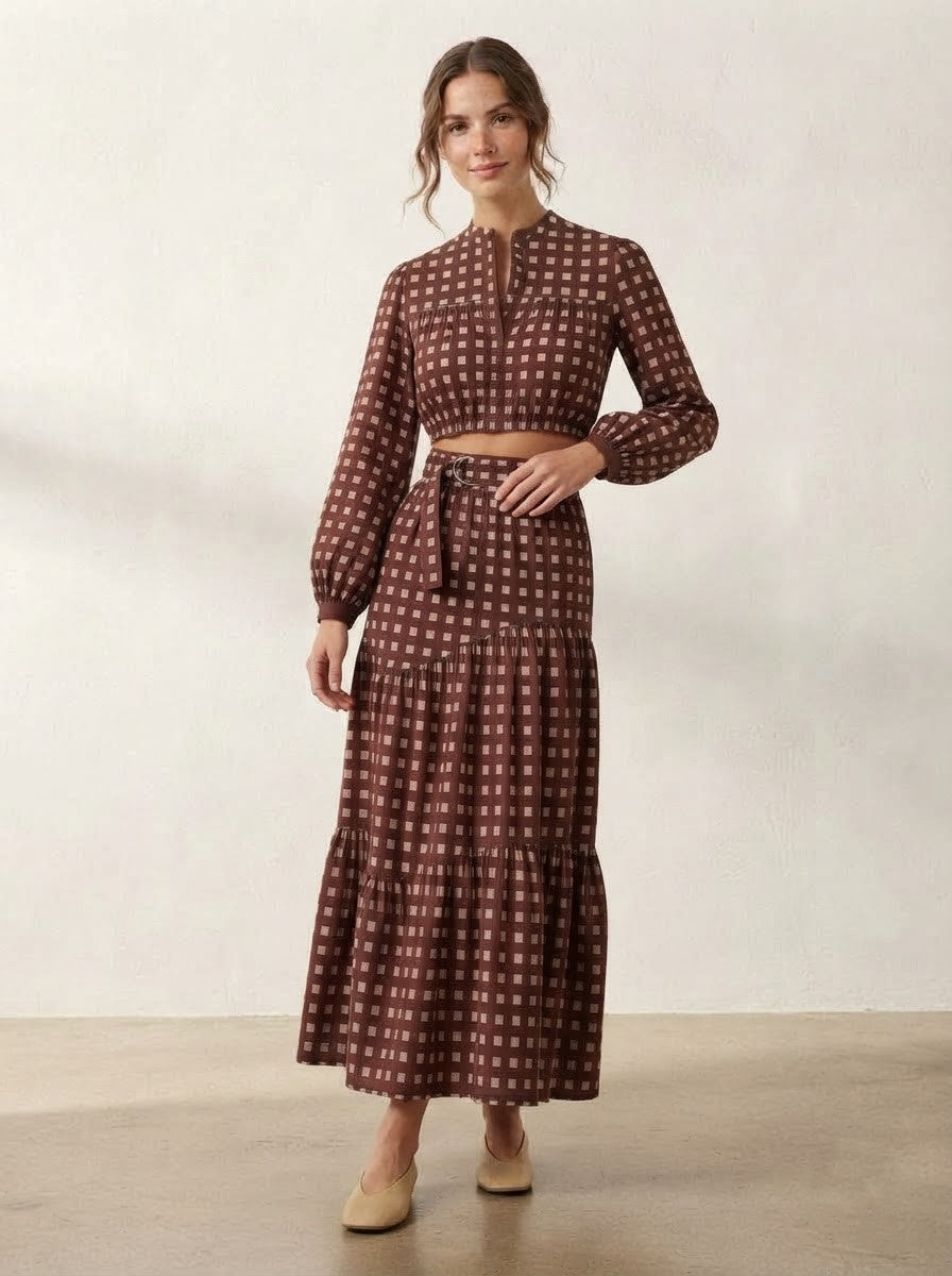 Maroon Checkered Premium Cotton Skirt Co-ord Set