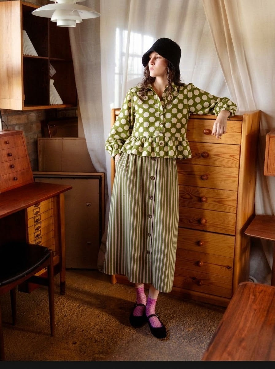 Olive Polka Dot Top & Striped Skirt Set