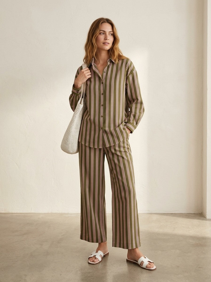 Olive Green & Pink Striped Co-Ord Set